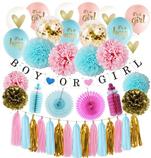 Gender Reveal Party Supplies - Baby Shower Decorating Kit, Gender Reveal Balloon, Boy or Girl Banner, Tissue Paper Pom Pom, Paper Fans,Baby Bottles,Tassel Garland and Balloons