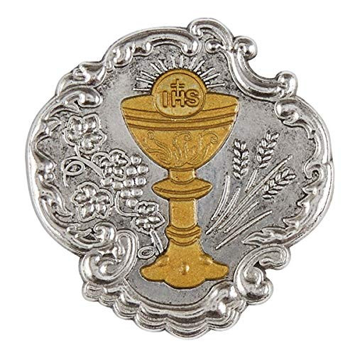 Needzo Silver Tone First Communion Pin with Gold Tone Chalice, Round Religious Brooch, 1.25 Inch Needzo Silver Tone First Communion Pin with Gold Tone Chalice, Round Religious Brooch, 1.25 Inch
