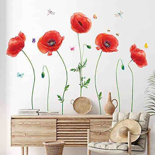 DECOWALL SG-2104 Poppies Wall Stickers Wall Decals Peel and Stick Removable Wall Stickers for Kids Nursery Bedroom Living Room