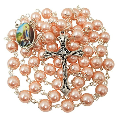 8mm Pink Glass Pearl Prayer Beads Catholic Rosary Necklace Our Lady of Fatima Center Cross Crucifix Rosary Pouch