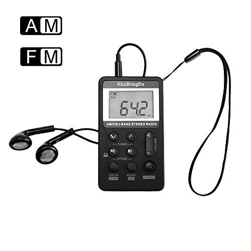 AM FM Pocket Radio, ALLOMN Portable Digital Tuning AM FM Stereo Radio Rechargeable Battery, LCD Display Earphone Walking -Black-