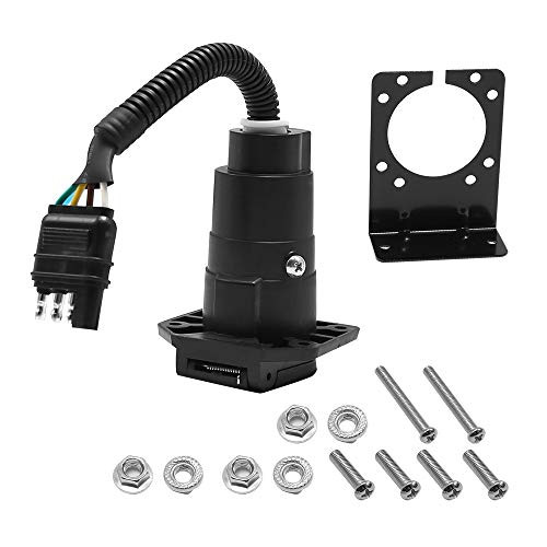 4-Way Flat to 7-Way Round Blade Trailer Adapter Wiring Plug Connector with Mounting Bracket 4-Way Flat Truck to 7-Way Blade Trailer Light Adapter for Car Truck RV - Black