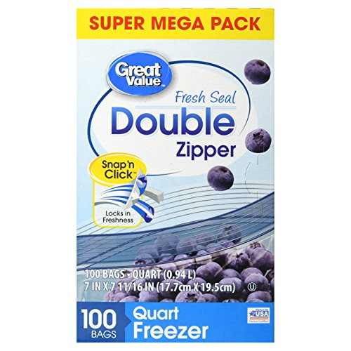 Great Value Double Zipper Freezer Bags, Quart, 100 Count