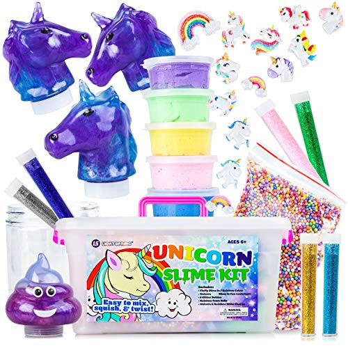 Unicorn Slime Kit for Girls - Kids Slime Kit with Fluffy Slime Kit, Unicorn Slime, Charms, Emoji Slime, Floam Beads, Glitter Add Ins | DIY Rainbow Unicorn Slime Making Kit + Slime Accessories