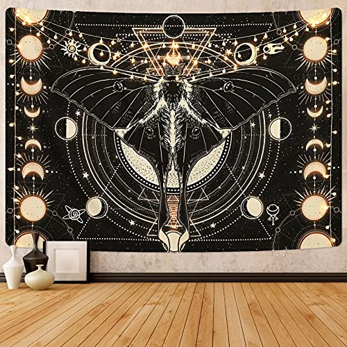 Moon Phase Tapestry Vintage Butterfly Tapestry Psychedelic Moth Tapestry Black Moon and Stars Tapestries Aesthetic Wall Art Tapestry Wall Hanging for Room-59.1 x 82.7 inches-