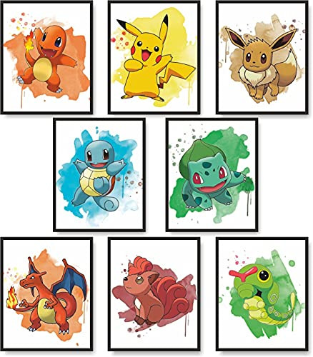 Pokemon Watercolor Poster Prints, Pokemon Wall Art, Pokemon Room Decor, Pokemon Poster, Pokemon Wall Decor, Set of 8 FRAMELESS - 8''x10'' -, Pokemon poster for boys, Pokemon Wall Decor for kids room, Pokemon Decorations For Bedroom, Pokemon Prints, P