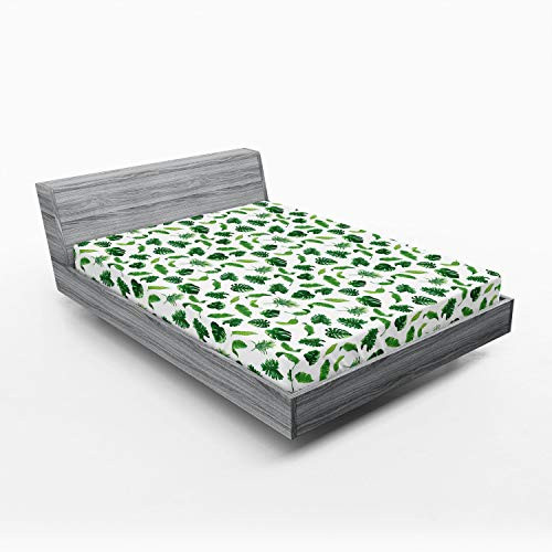 Ambesonne Tropical Fitted Sheet, Diversified Palm Tree Leaves Including Split Leaf Philodendron, Soft Decorative Fabric Bedding All-Round Elastic Pocket, Queen Size, White Green