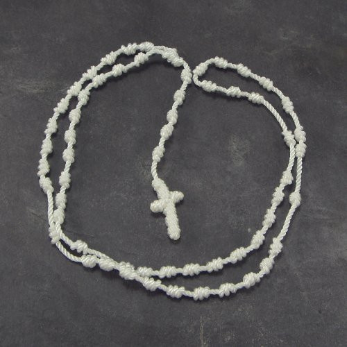 R. Heaven Bright White Cord Rope Knotted Rosary Beads Long and Durable