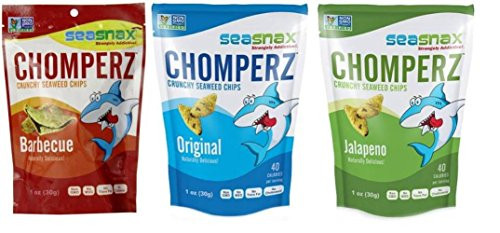 SeaSnax Chomperz Crunchy Seaweed Chips 3 Flavor Variety Bundle: (1) SeaSnax Chomperz Jalapeno, (1) SeaSnax Chomperz Original, and (1) SeaSnax Chomperz BBQ, 1 Oz. Ea. (3 Bags Total)