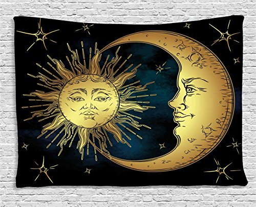 Ambesonne Psychedelic Tapestry, Sacred Moon and Sun in Antique Style Lunar Myth Astrology Zen Art Print, Wall Hanging for Bedroom Living Room Dorm, 80 W X 60 L Inches, Petrol Blue Yellow