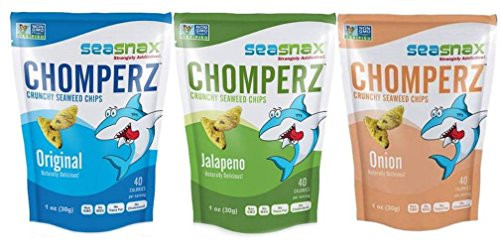 SeaSnax Chomperz Crunchy Seaweed Chips 3 Flavor Variety Bundle: (1) SeaSnax Chomperz Jalapeno, (1) SeaSnax Chomperz Original, and (1) SeaSnax Chomperz Onion, 1 Oz. Ea. (3 Bags Total)