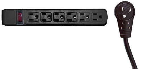 Surge Protector, Flat Rotating Plug, 6 Outlet, Horizontal Outlets, Plastic, Power Cord, 4 Feet, Black