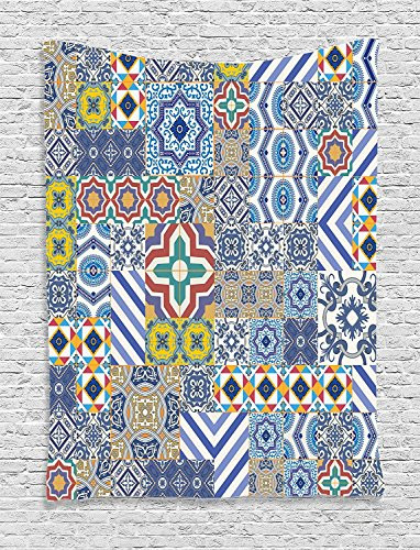 Ambesonne Moroccan Decor Collection, Moroccan Classic Mosaic Tile Inspired Patchwork Style Pattern Artwork Print, Bedroom Living Room Dorm Wall Hanging Tapestry, Blue Mustard