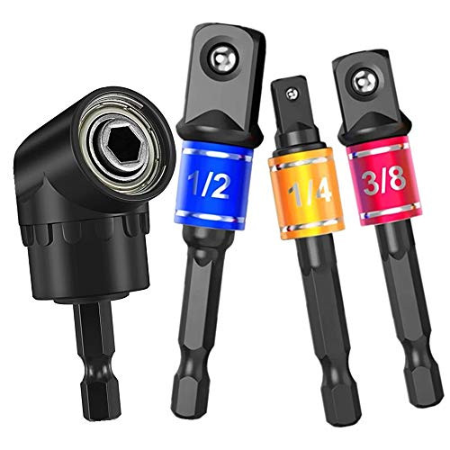 3Pcs 1/4" 3/8" 1/2" Impact Grade Socket Wrench Adapter Extension Set plus105 Degree Right Angle Driver Angle Extension,Right Angle Drill Attachment,90 Degree Drill Adapter,Impact Driver Accessories