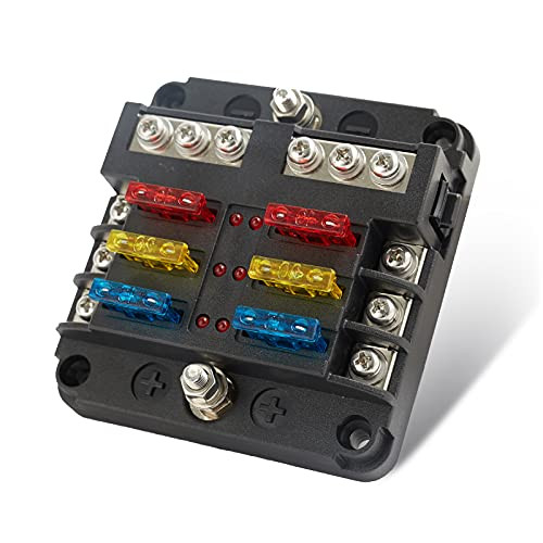 6 Way Fuse Block, Negative Bus Fuse Box with Waterproof Cover and LED Warning Indicator Damp Proof Negative,Fuse Holder for Vehicle Car Boat-DC 12-24V Boat Fuse Panel?A Pack of Fuses Included?