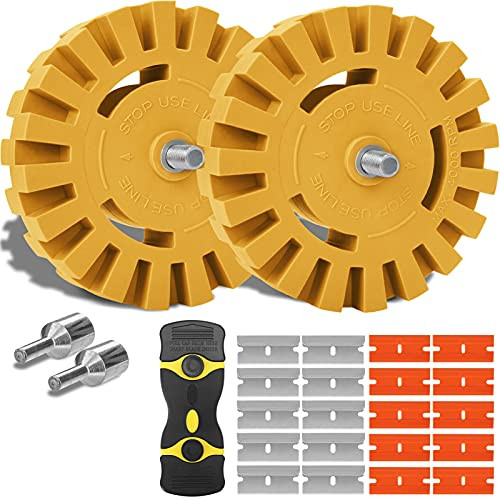 Decal Remover Eraser Wheel, INZONELAN 4Inch Adhesive Sticker Remover Wheel with Drill Adapter and Plastic Razor Blades Pinstripe Vinyl Removal Tool for Cars, Rvs, Boats