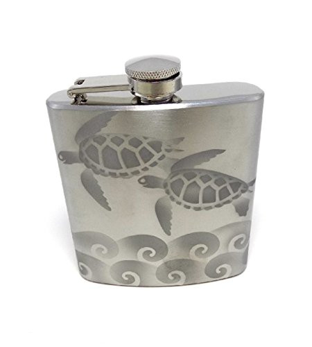 IncisoArt  Hand Etched Stainless Steel Flask Sandblasted (Sand Carved) Upgraded 304 SS with Funnel (Sea Turtle Waves, 6 Ounce)