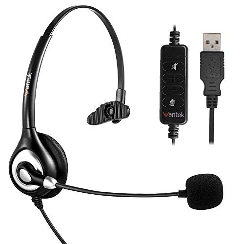 Corded USB Headsets Mono with Noise Cancelling Mic and in-line Controls, Wantek UC Business Headset for Skype, SoftPhone, Call Center, Crystal Clear Chat, Super Lightweight, Ultra Comfort (UC600)