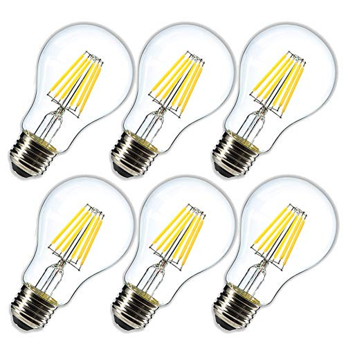 Dimmable A19 LED Light Bulb,4000K Daylight White, LED Filament Bulb 6W(60W Equivalent), 600 Lumens, E26 Base Decorative Clear Glass for Home, Restaurant, Cafe, 6- Pack