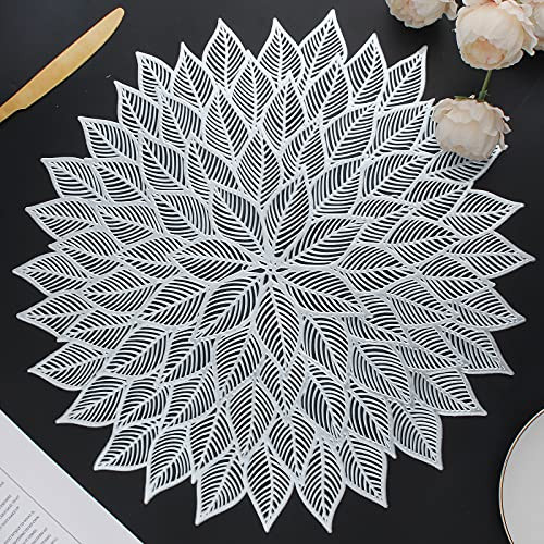 Mabbcoo Placemats Set of 6, Round Hollow Out Flowers Place Mats for Dining Table Pressed Vinyl Blooming Leaf Table Mats for Holiday Party Wedding Accent Centerpiece Dinner Table Decoration -Silver-