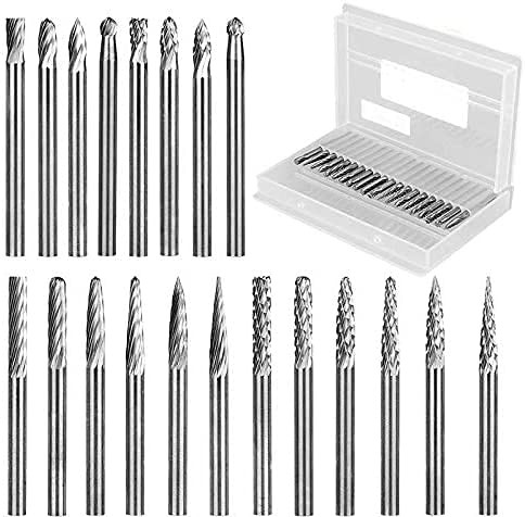 20pcs Solid Carbide Burr Set 0.118?3mm?Shank Tungsten Carbide Rotary Files Burrs with 3mm Cutting Head Diameter Fits Most Rotary Drill Die Grinder for Woodworking,Engraving,Drilling,Carving