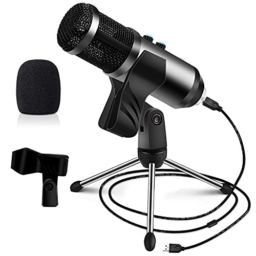 Recording USB Microphone, Computer Microphone, Cardioid Condenser Mic for PC Gaming Vocal Recording, Podcasting, YouTube Videos, Compatible with Laptop Desktop Windows10