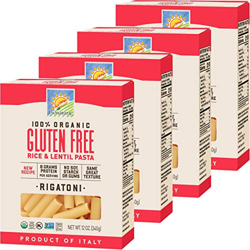 Bionaturae Rigatoni Gluten-Free Pasta | Rice and Lentil Rigatoni Pasta | Non-GMO | Lower Carb | Kosher | USDA Certified Organic | Made in Italy | 12 oz -4 Pack-