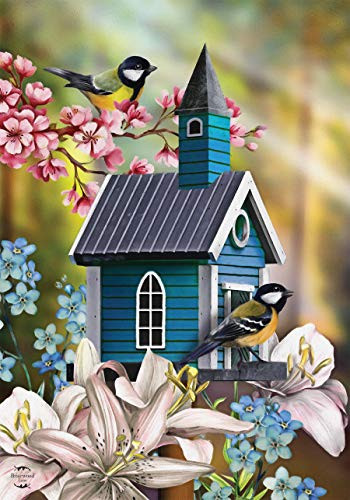 Briarwood Lane Peaceful Birdhouse Spring House Flag Floral Chickadees 28" x 40"