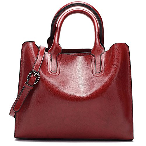 FiveloveTwo Womens Ladies Vintage Solid Color Handbags and Purses PU Leather Top-handle Satchel Hobo Crossbody Totes Shoulder Bags Burgundy