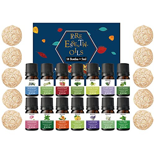 NeeXiu Essential Oils Set Top 14 X 5ml Gift Set 100 percent Pure Aromatherapy Essential Oils for Diffuser Humidifier Massage Women Men Skin Hair Care,10 Rotang Balls