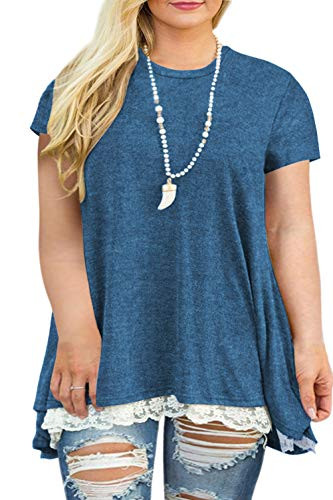 VISLILY Womens Plus Size Casual Short Sleeve Loose Lace Tops Tunic Blouses Turquoise14W