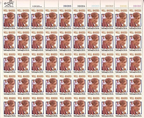 USPS 1979 Will Rogers 15 Cent Sheet of 50 Postage Stamps Scott 1801 USPS 1979 Will Rogers 15 Cent Sheet of 50 Postage Stamps Scott 1801