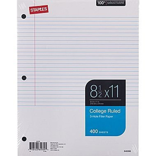 Staples College Ruled Filler Paper, 8 1/2 x 11, 400 Sheets by Staples