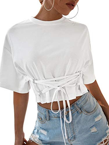 Romwe Women's Short Sleeve Criss Cross Knot Front Solid Crop Tops T Shirt Tee White S