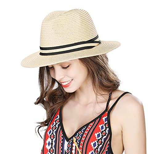 Womens Straw Fedora Wide Brim Panama Beach Packable Havana Summer Sun Hat Party Lady Beige Ivory Large