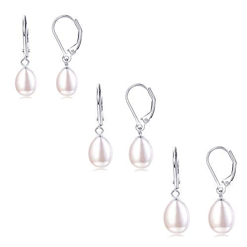 Fansilver 3 Pairs Sterling Silver Pearl Drop Earrings for Women 6MM 7MM 8MM Freshwater Cultured Pearl Dangle Earrings Elegant Earrings Wedding Jewelry Hypoallergenic Pearl Earrings