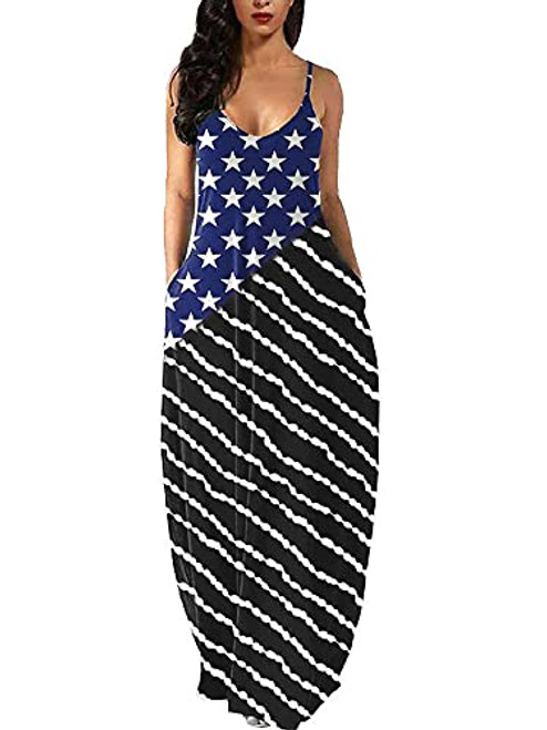 QILINXUAN 4th of July Dress for Women American Flag Printed Independence Day Long Maxi Dresses Sleeveless Summer Cami Dress -07, XX-Large, xx-l-