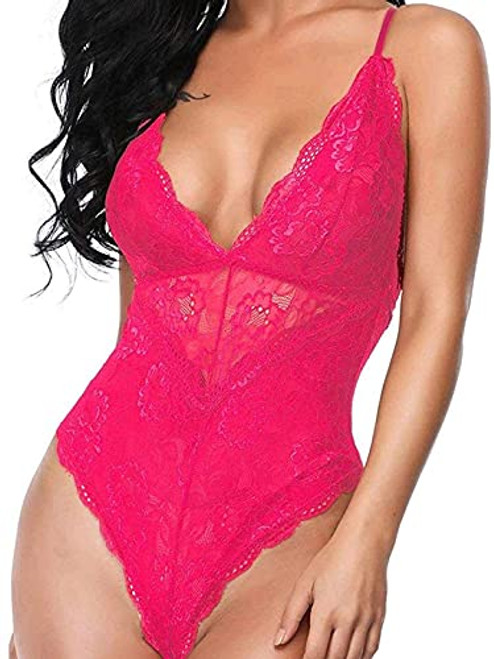 Aranmei Women Deep V Sexy Lace Bodysuit Snap Crotch Lingerie Teddy Underwear -Rose Red, Medium- Aranmei Women Deep V Sexy Lace Bodysuit Snap Crotch Lingerie Teddy Underwear -Rose Red, Medium-