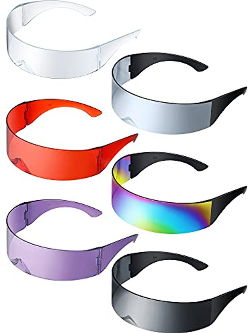 6 Pieces 80s Futuristic Cyclops Cyberpunk Visor Sunglasses with Semi Translucent Back to Future Inspired Costume Futuristic Wrap Visor Sun Glasses for Men Women Cyclops Futuristic Style