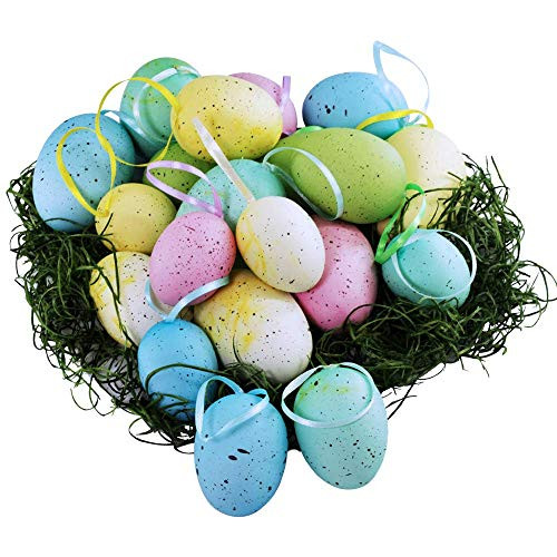 18 Pcs 3 Sizes 6 Colors Hanging Foam Easter Eggs Speckled Eggs Ornaments Decorative Easter Eggs in Transparent Packing Box with Faux Grass for Easter Tree Decorations Basket Filler