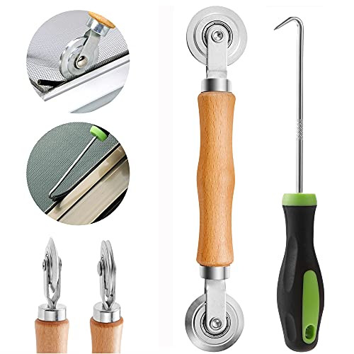 LAIWOO Screen Tools, Screen Rolling Tool and Spline Removal Hooks for Installing Window and Door Screens, Spline Roller Tool with Wooden Handle and Double Bearings Steel Wheel for Screen Repair