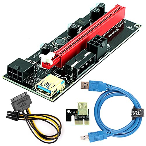 Ubit PCI-E Riser Express Cable 16X to 1X -Dual-6pin / MOLEX- with Led Graphics Extension Ethereum ETH Mining Powered Riser Adapter Card plus60cm USB 3.0 Cable