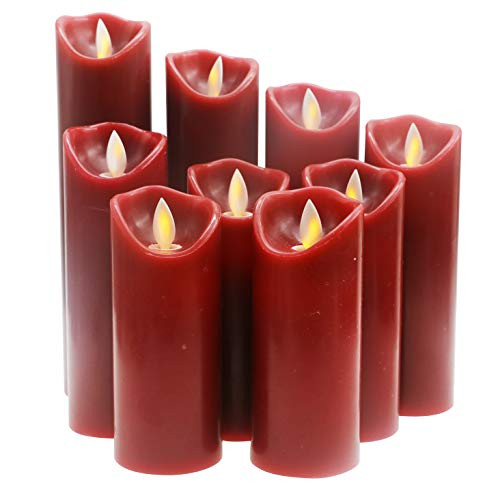 Kitch Aroma Red flameless Candles, Battery Operated LED Pillar Candles with Moving Flame Wick with Remote Timer,Pack of 9