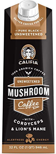 Califia Farms - Cold Brew Mushroom Coffee, Pure Black Unsweetened, 32 Oz | 100 percent Arabica Coffee | Vegan | Gluten Free | Non-GMO | No Sugar | Shelf Stable