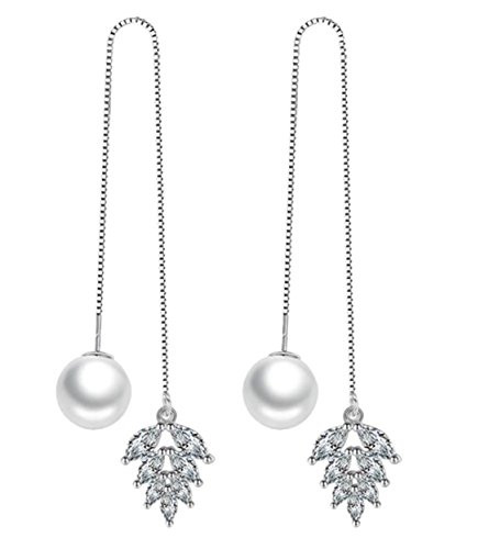 Freedi Women Pearl Ball Crystal Leaf Threader Tassel Earrings Fashion Long Drop Dangle Chain Earrings
