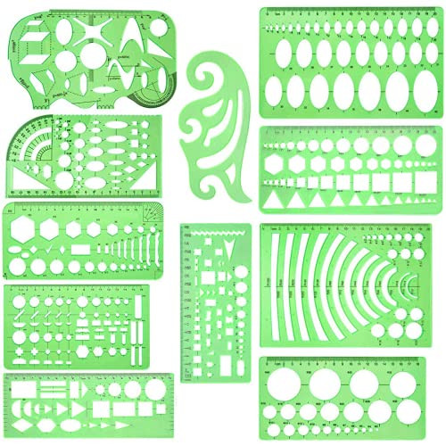 11 Pieces drawing Template Plastic rulers, geometric figure Stencils measuring ruler, transparent green plastic ruler, portable, Engineering drawing building school office supplies template