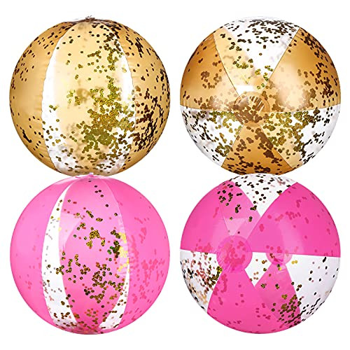 4 Pieces Inflatable Glitter Beach Balls Confetti Sequin Beach Ball Inflatable Pool Toy Ball for Summer Pool Beach Party Decoration -Pink, 40 cm-