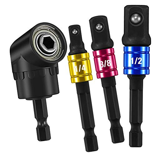 Right Angle Drill Attachment,Impact Driver,Angle Drill Adapter,105 Degree Right Angle Drill,3Pcs 1/4" 3/8" 1/2" Cr-V Hex Shank Impact Grade Driver Socket Adapter/Extension Set Drill Bit