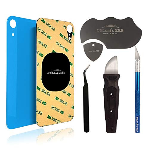 Cell4less Back Glass Compatible with The iPhone XR W/Full Body Adhesive, Removal Tool, and Wide Camera Hole for Quicker Installation -Blue w/Tools-