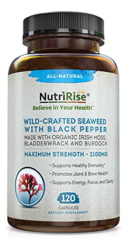 Organic Irish Sea Moss 2100mg With Bladderwrack  and  Burdock 120 Capsules For Immune System, Hair Skin  and  Nails, Thyroid, Colon Cleanse Keto Detox, Digestive  and  Joint Support, Prebiotics, Vitamins  and  Iodine